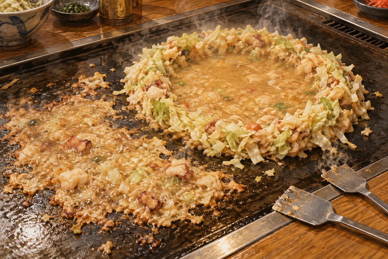 Runny monjayaki batter inside a ring of cabbage on a griddle.
