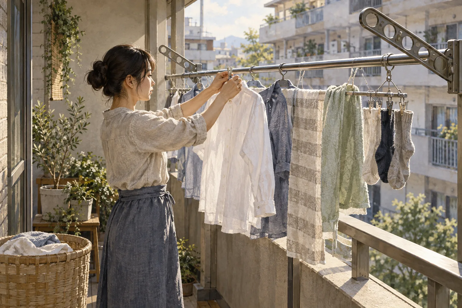 ベランダの金具に物干し竿を渡して洗濯物を干す人