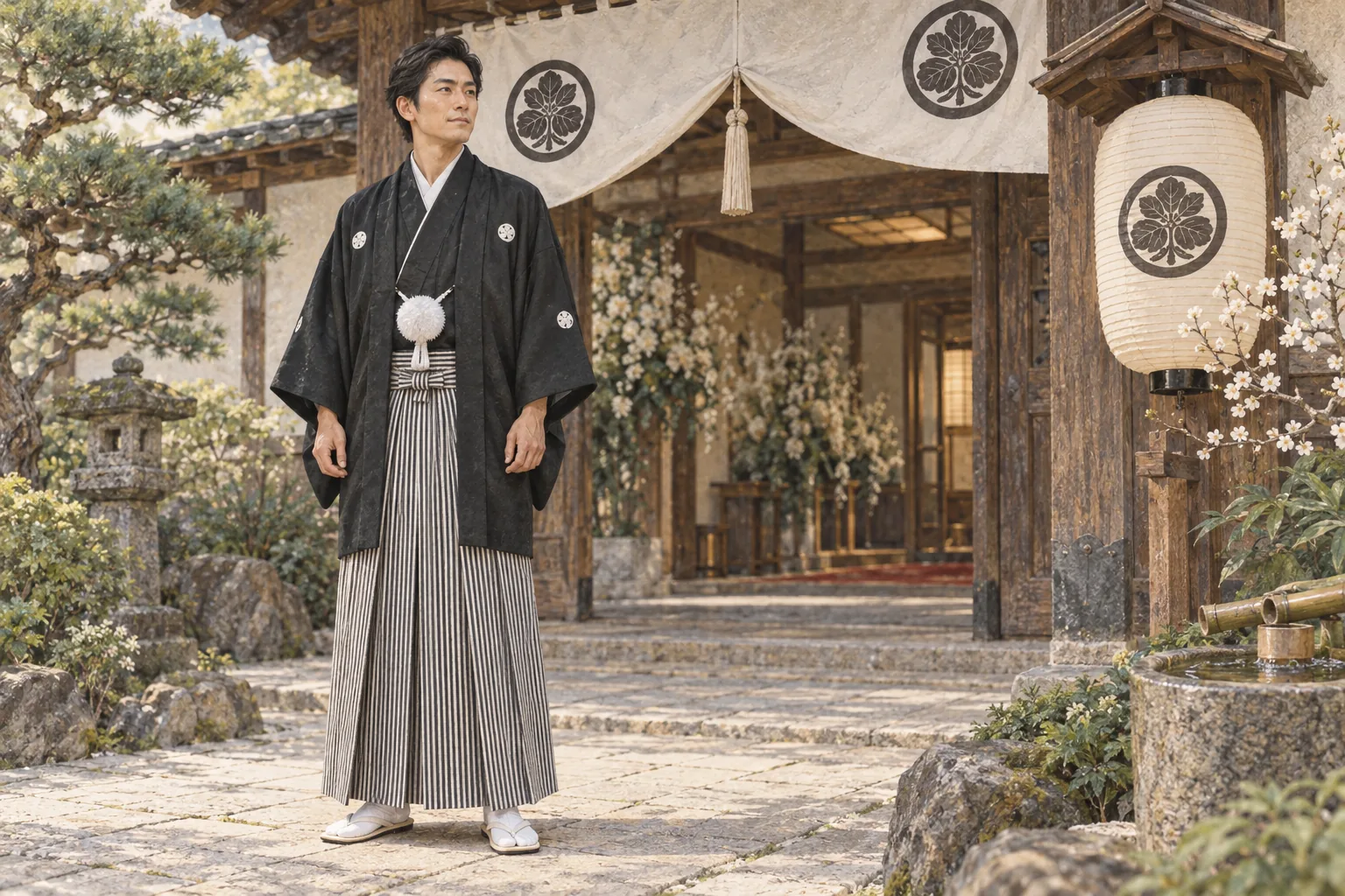 婚礼で黒紋付と縞袴を着た男性