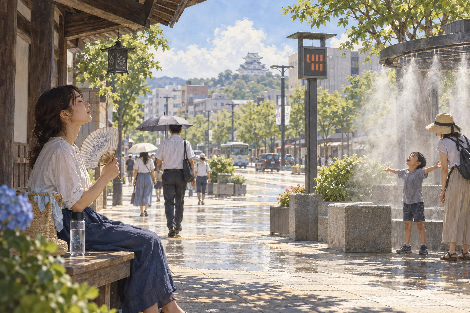 猛暑の街で日陰と水分を求める人々