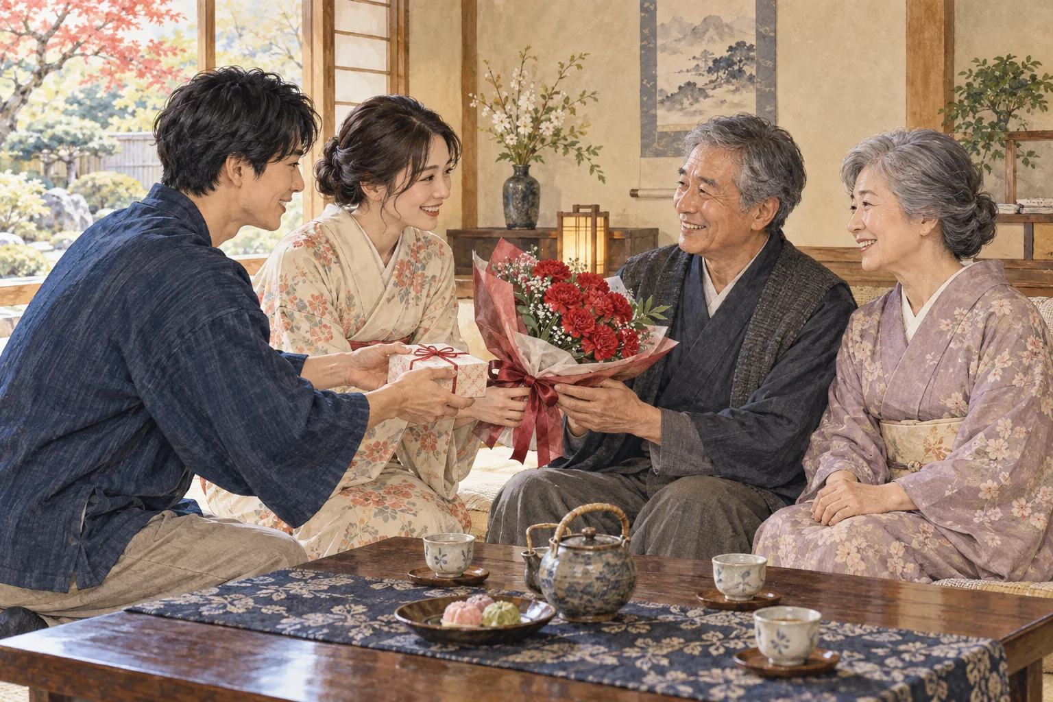 カーネーションと贈り物を両親に渡す家族