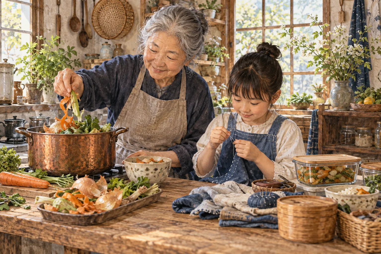 食材や布を無駄なく使う知恵を伝える大人