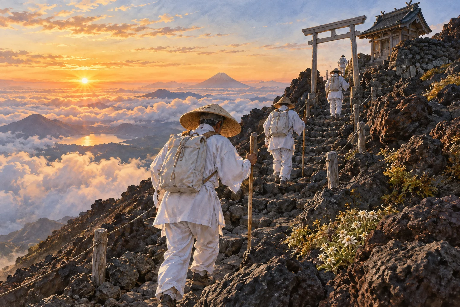 夜明けの富士山を登り山頂の社を目指す巡礼者