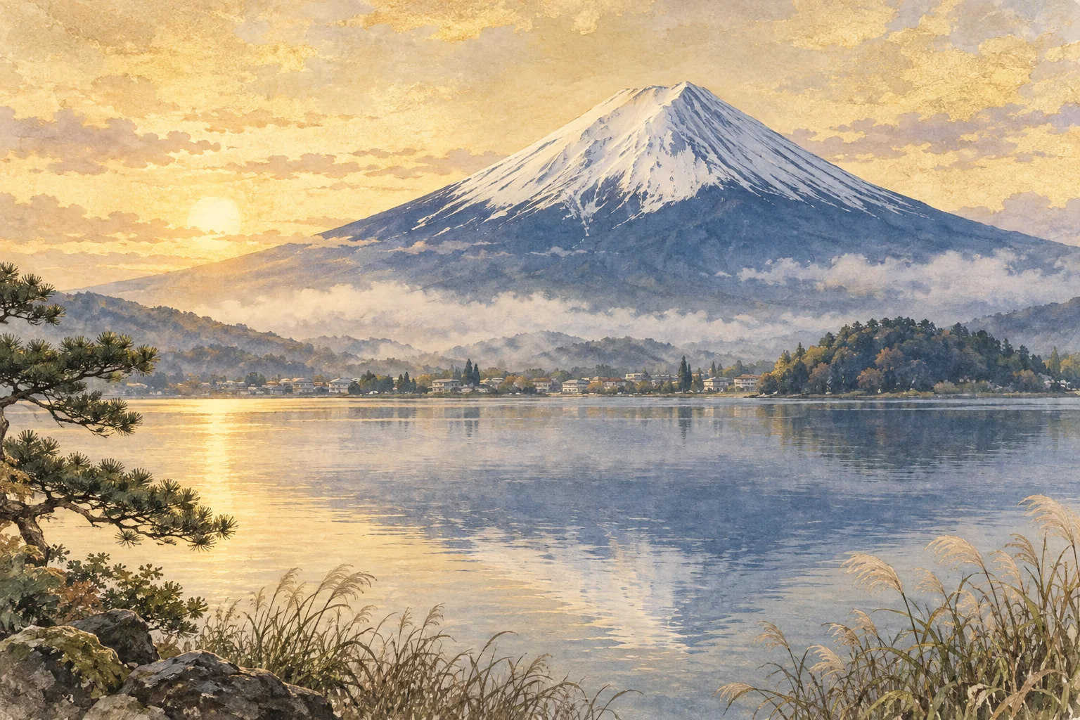 湖越しに雪を頂いた富士山を望む、朝の風景のイラスト