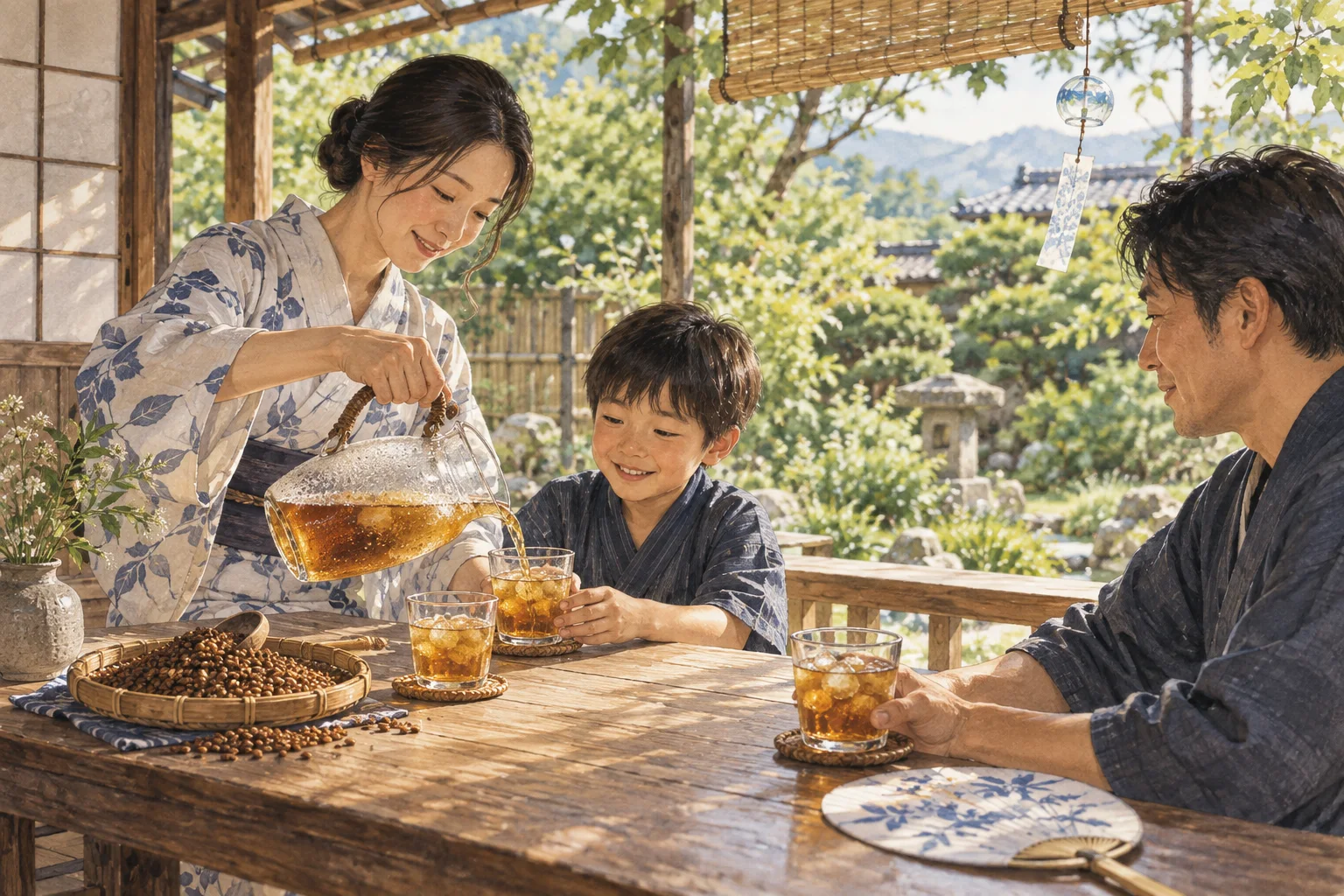 夏の縁側で冷たい麦茶を飲む家族