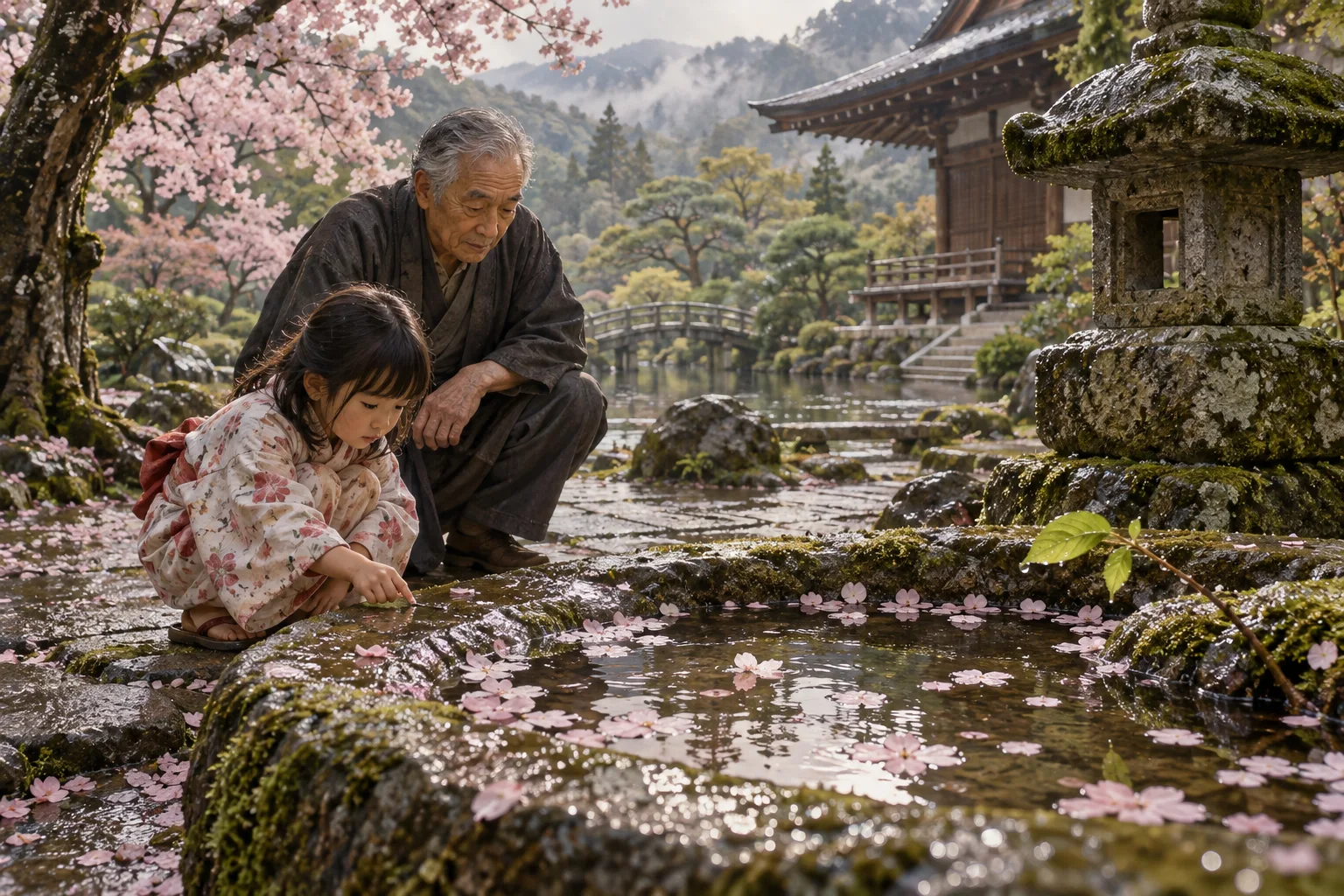 散る桜と芽吹く葉に無常を感じる祖父母と子ども