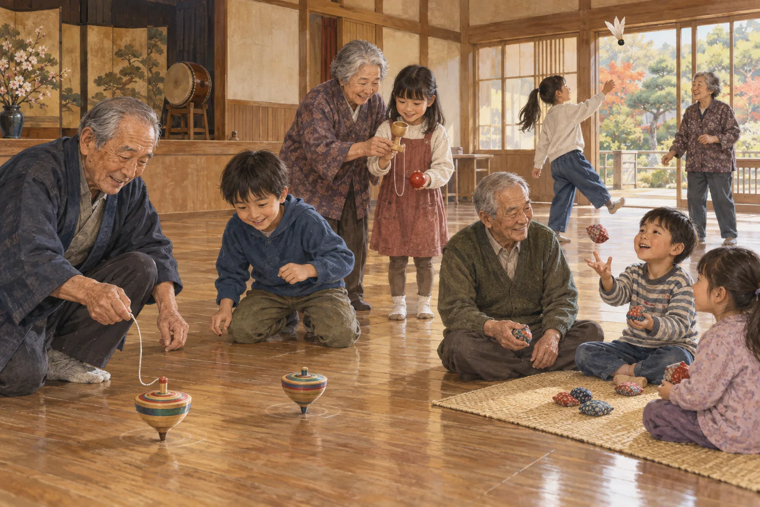 地域の交流会で昔の遊びを教わる子どもたち
