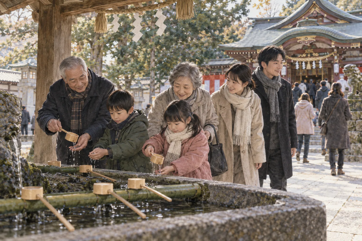 正月に生活習慣として神社へ参拝する家族
