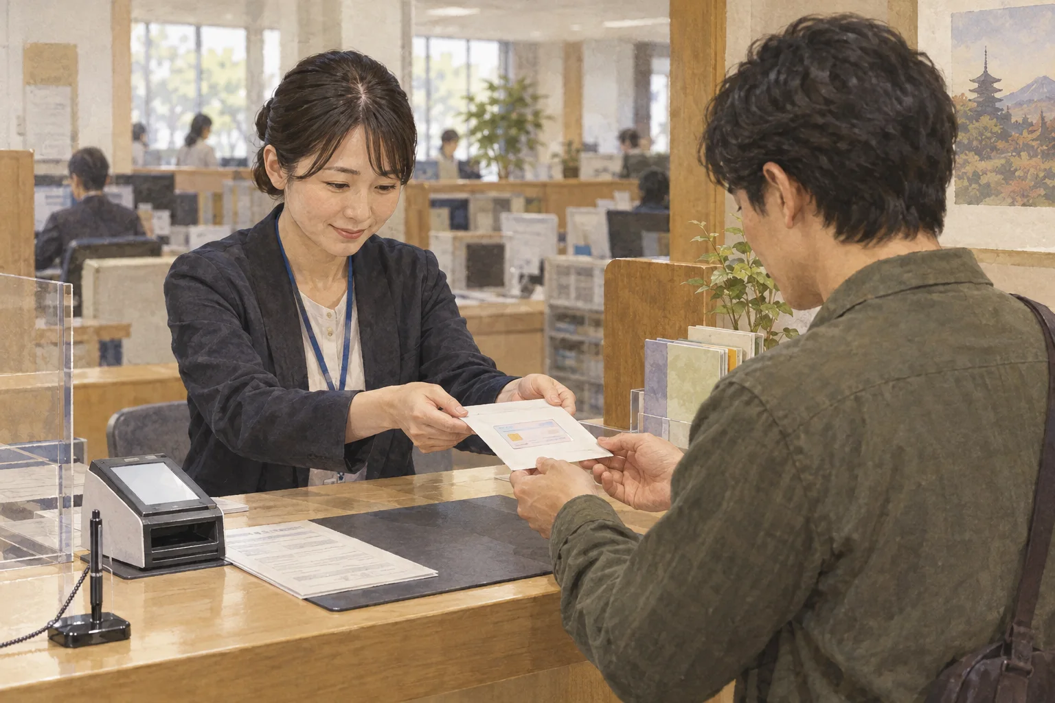 役所の窓口で個人番号カードを受け取る人