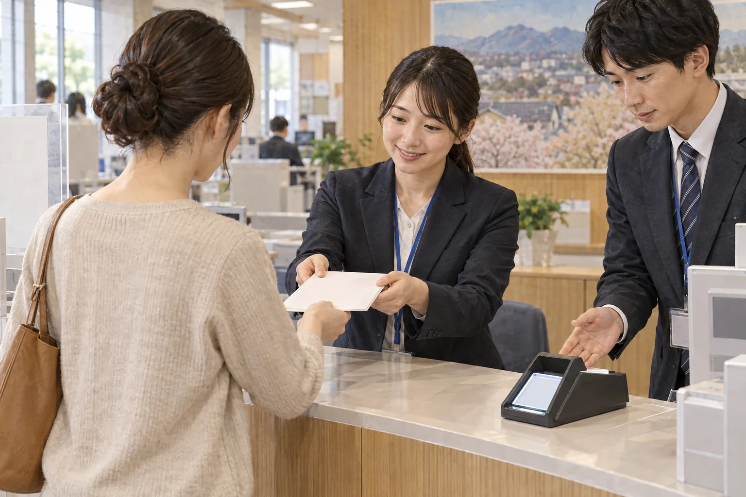 市役所の窓口で個人番号カードを受け取る住民