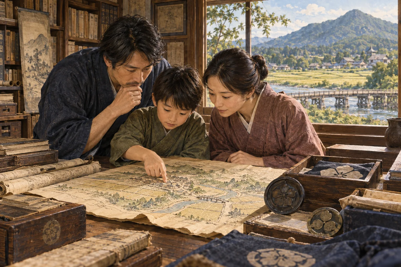 古地図と土地の特徴から名字の由来を調べる家族