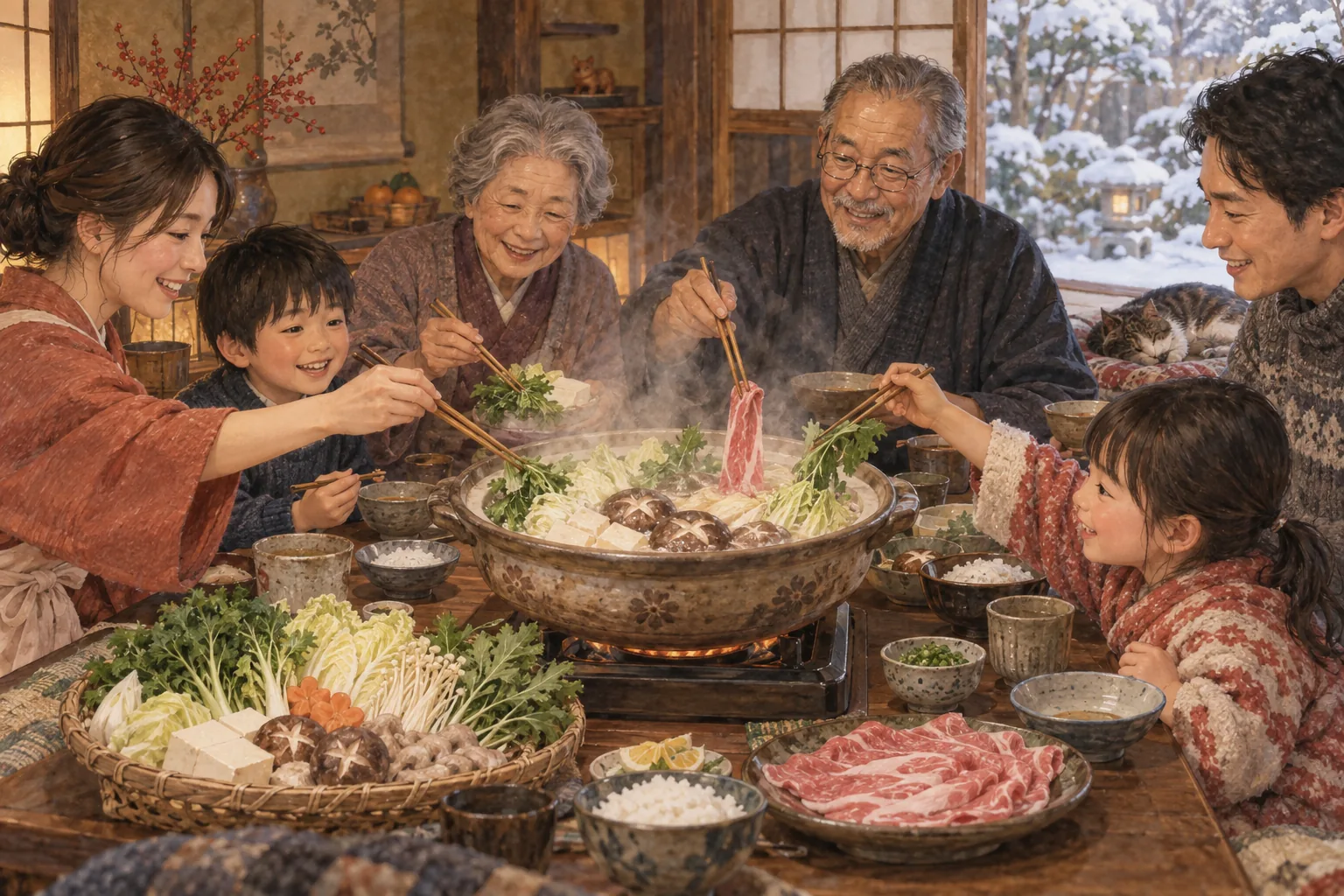 冬の食卓で鍋を囲む多世代の家族