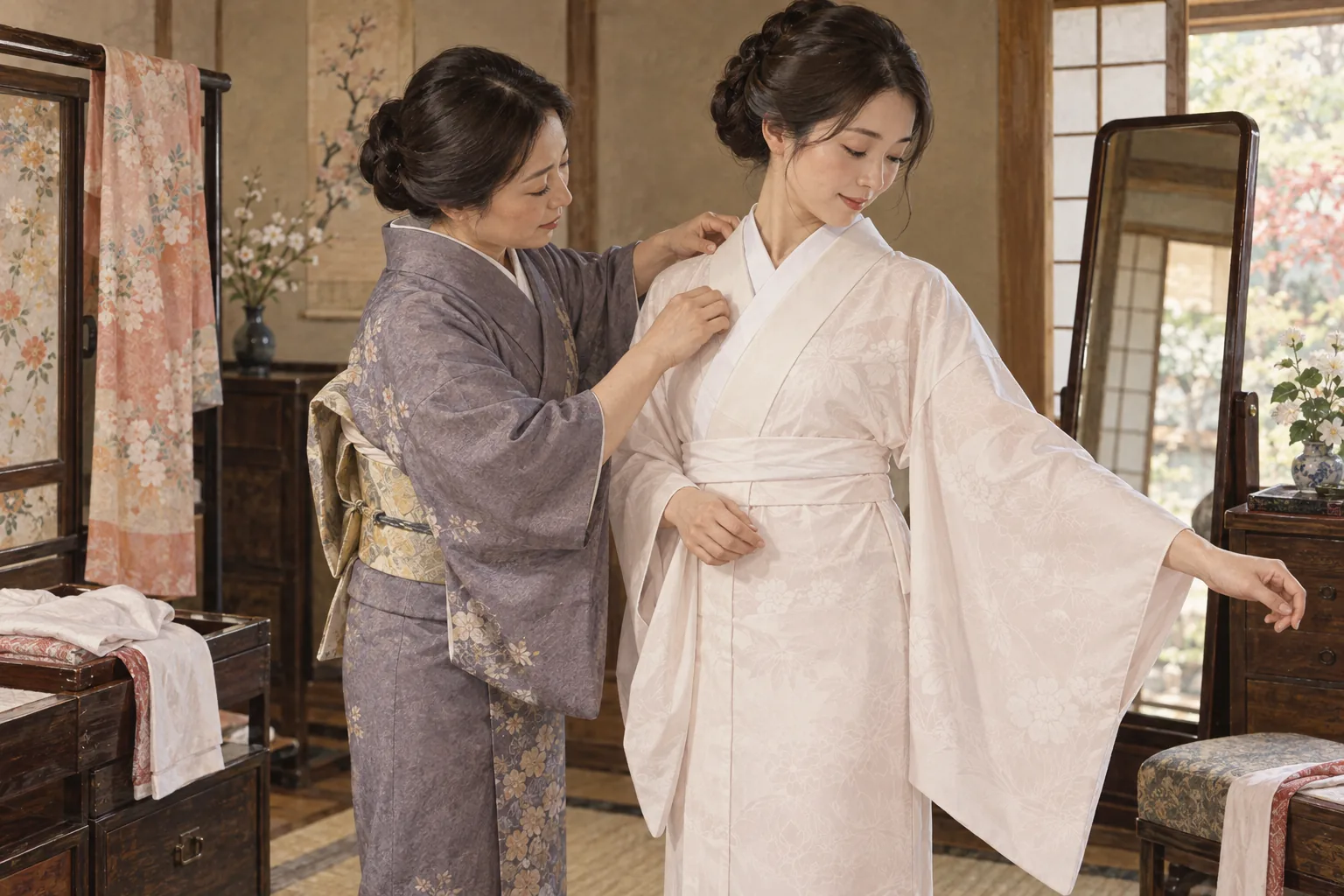 着物の下に長襦袢を着付ける様子