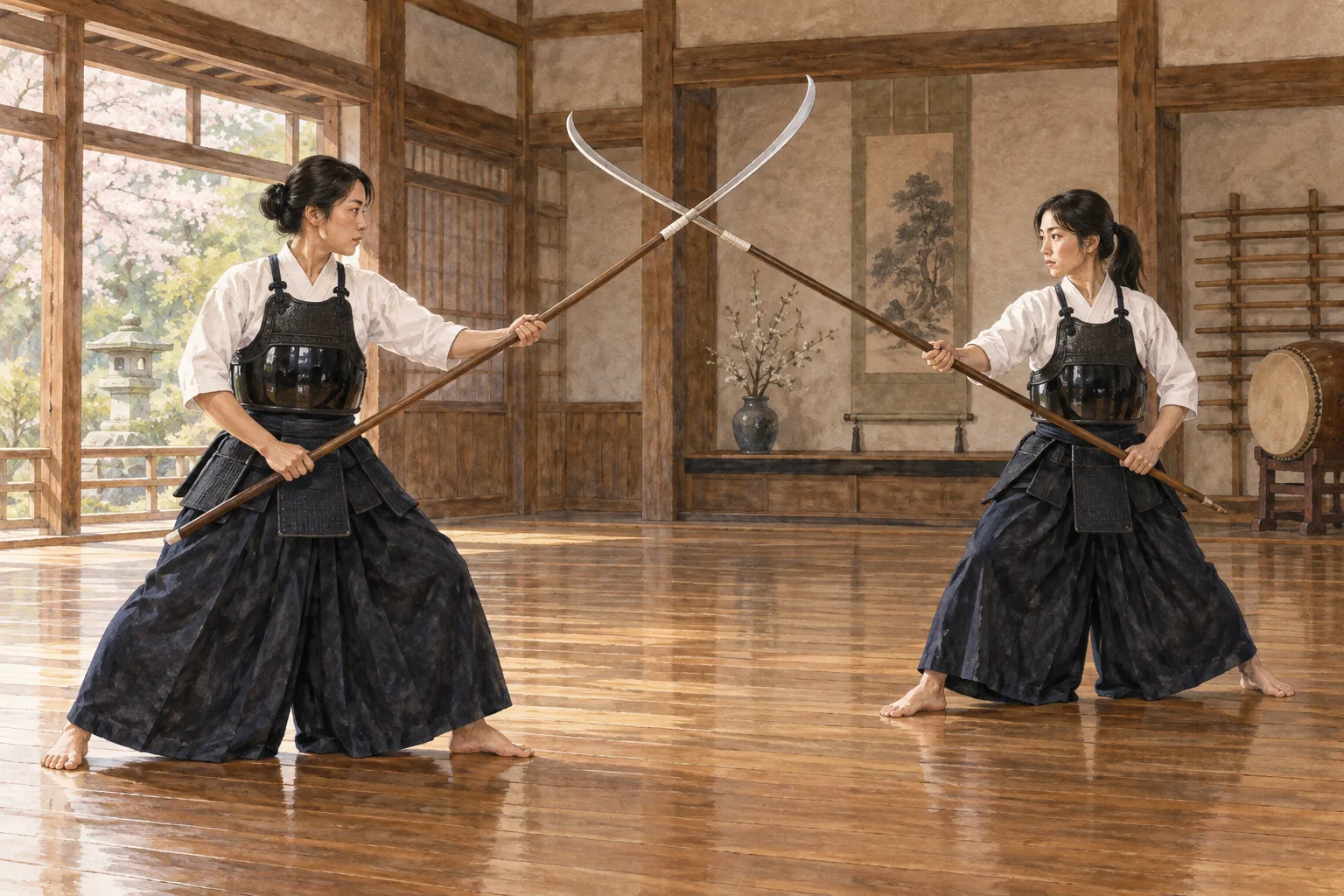 防具を着けて薙刀を稽古する二人の女性