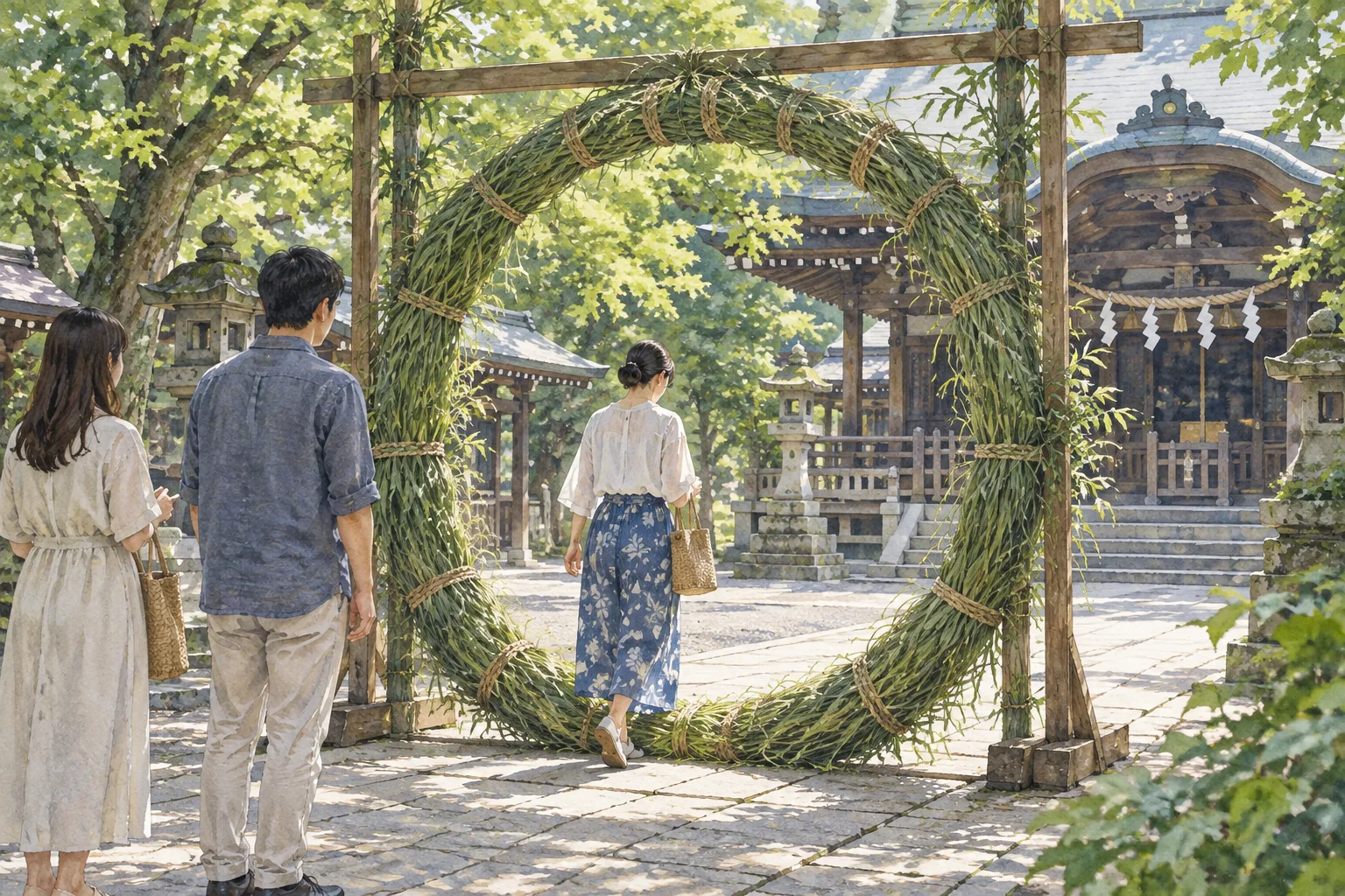 神社の参道に立つ大きな茅の輪をくぐる参拝者