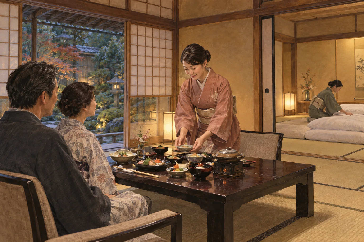 旅館の客室で夕食を運び布団を整える仲居