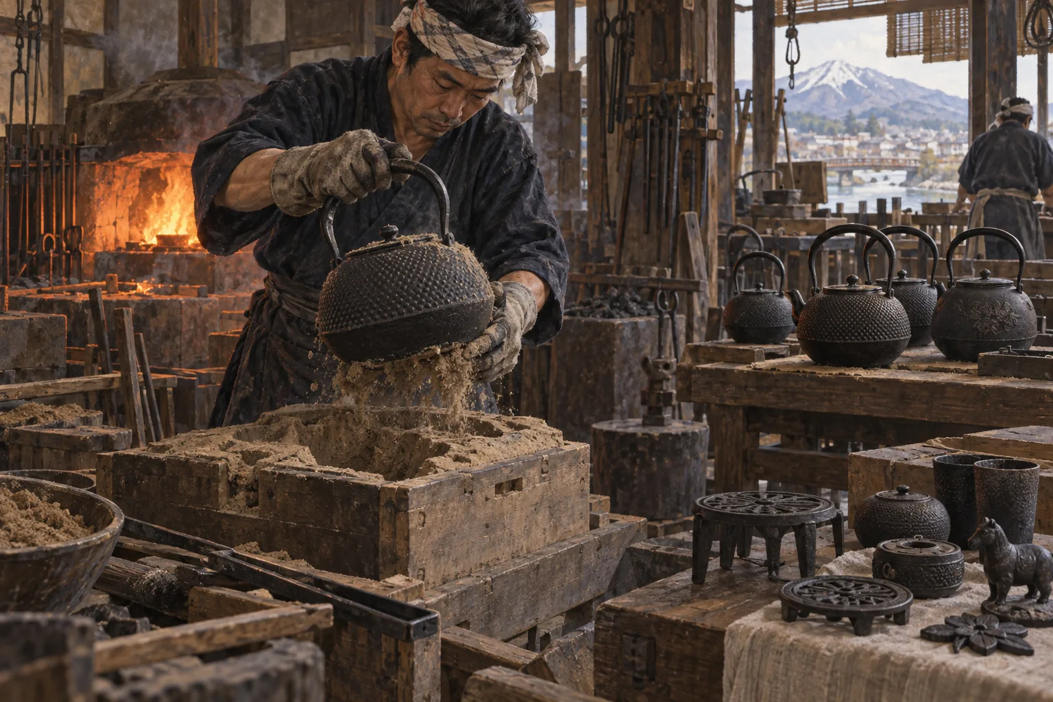 砂型から南部鉄器の鉄瓶を作る職人