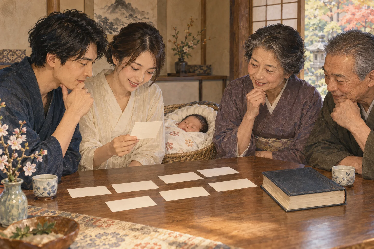 赤ちゃんの名前を家族で相談する親たち