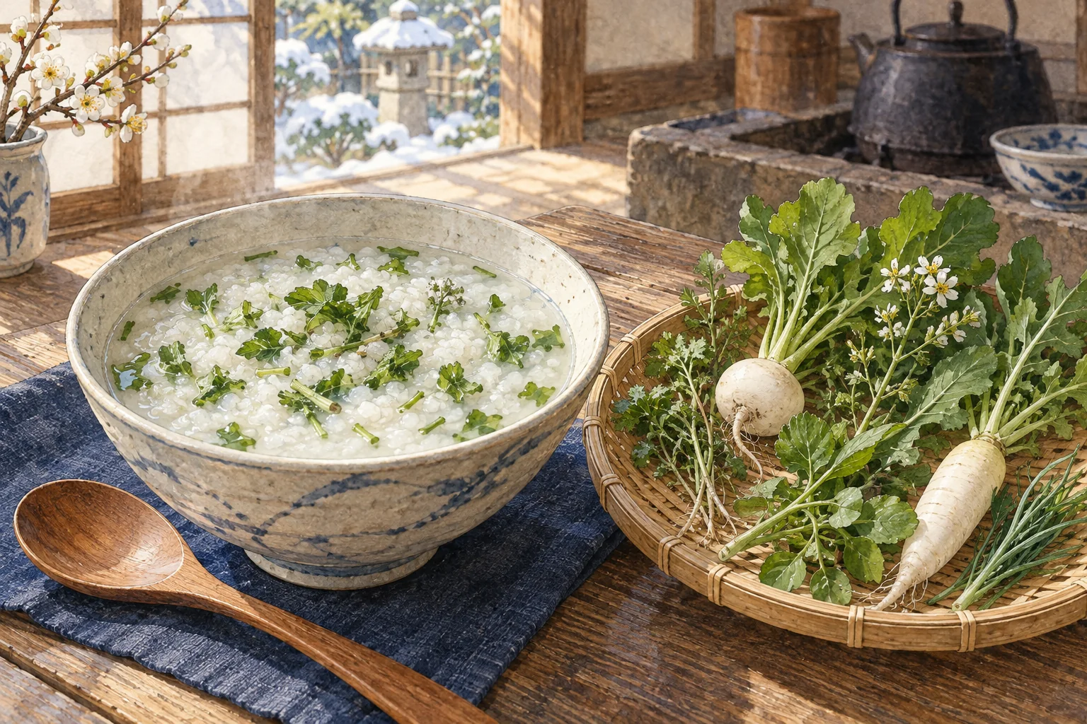 七草を混ぜた白いおかゆと、春の若菜を添えた盆