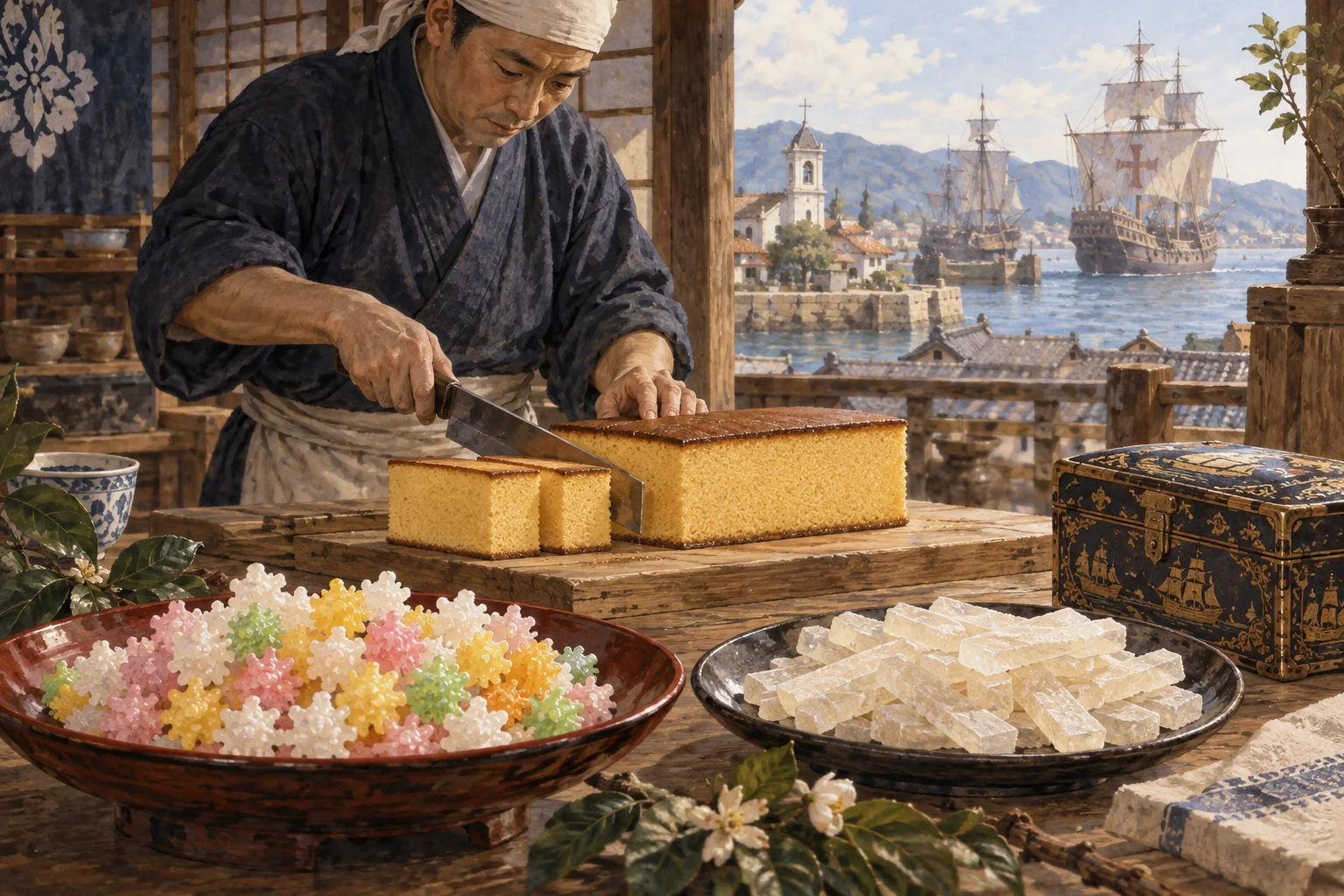 南蛮貿易から伝わった菓子を並べる職人