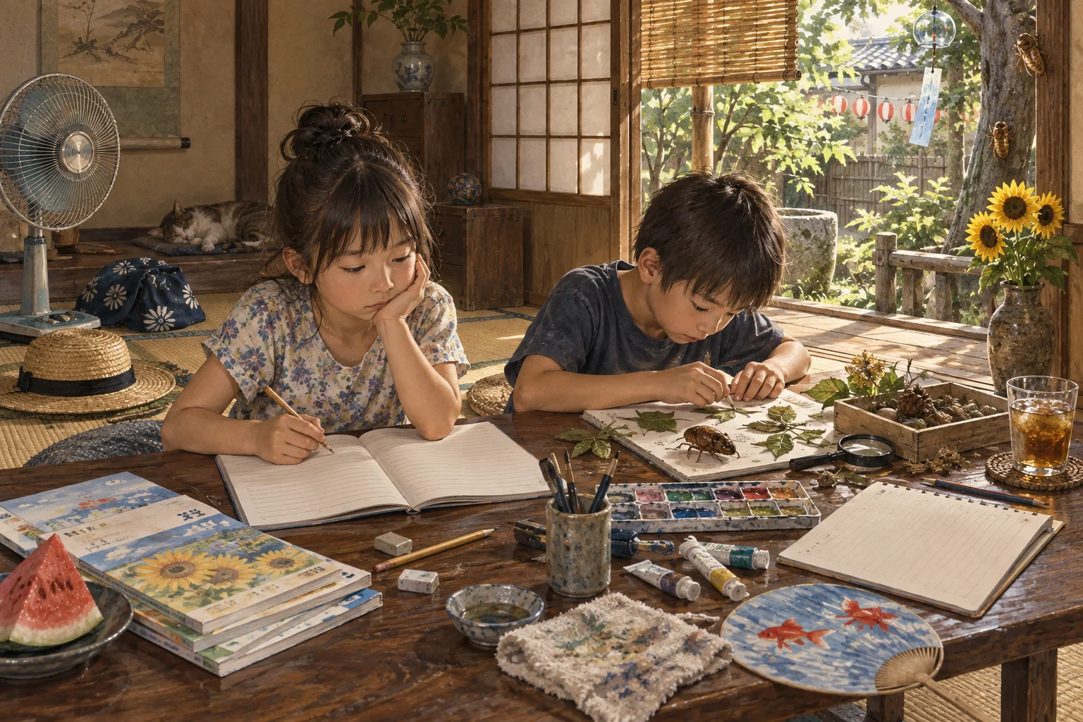 夏休みの終わりに宿題と自由研究に取り組む子どもたち