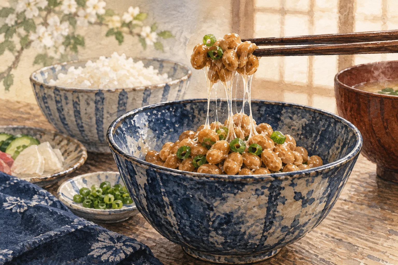 糸を引く納豆と刻みねぎを盛った小鉢