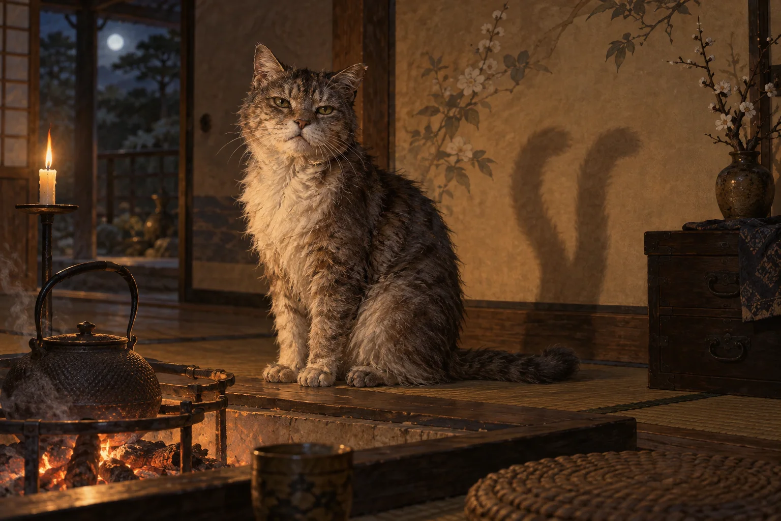 壁に二股の尾の影を落とす老猫の猫又