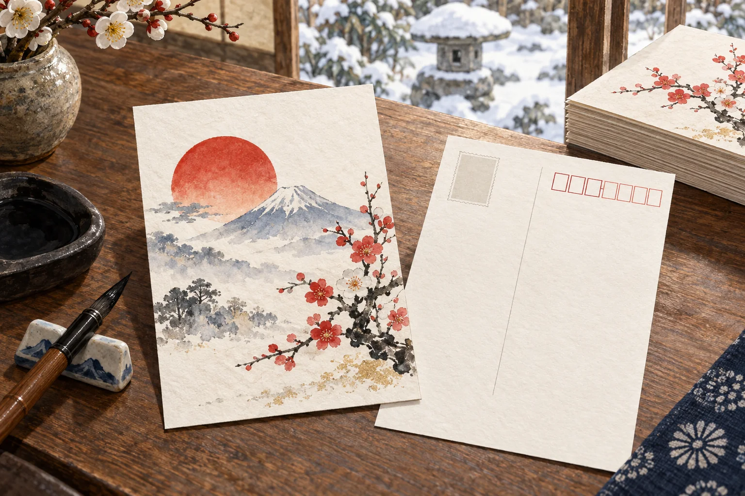 絵柄を添えた年賀はがきと筆記具が並ぶ机