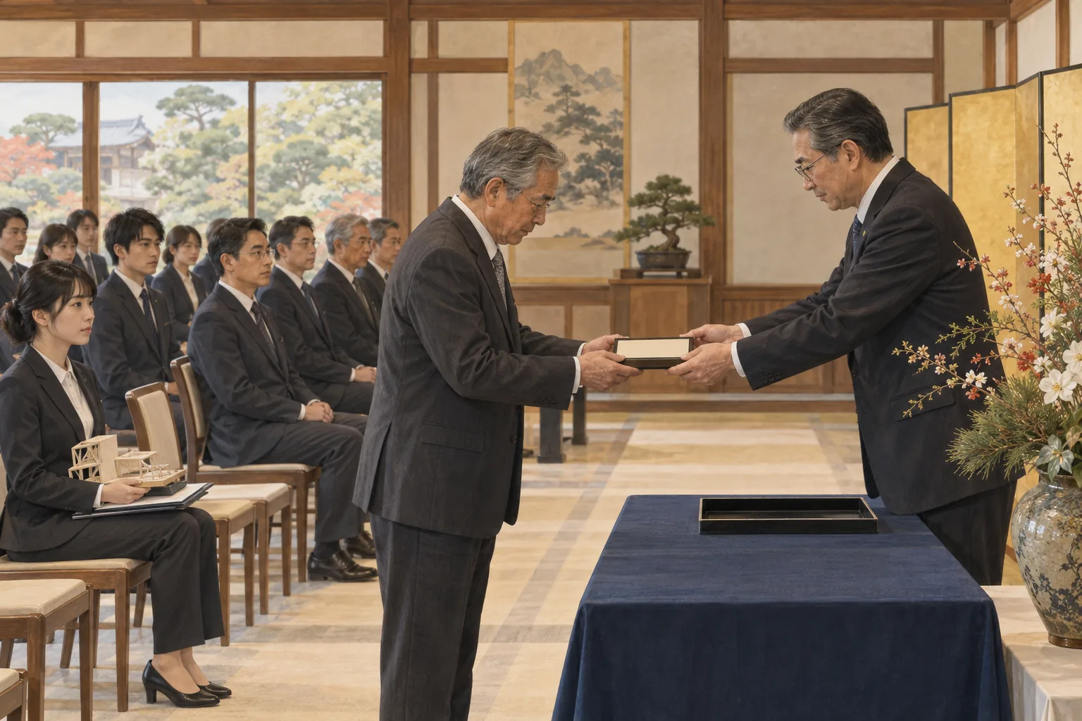 勤続年数順に並ぶ社員の前で昇進辞令を受けるベテラン社員