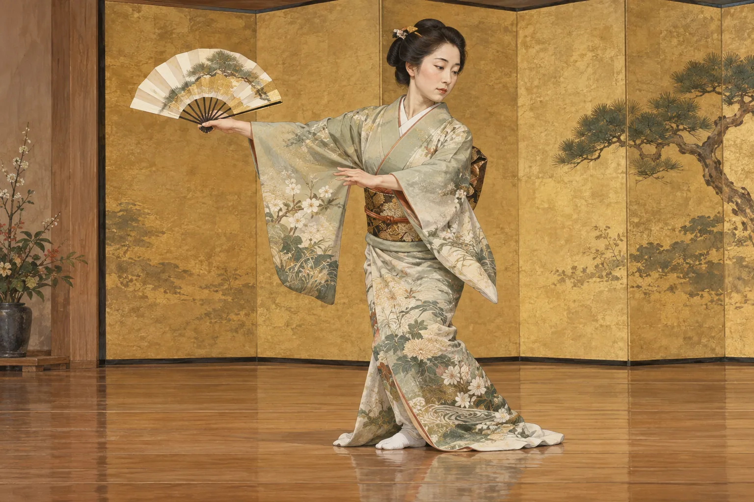 扇を手に日本舞踊を舞う着物姿の演者