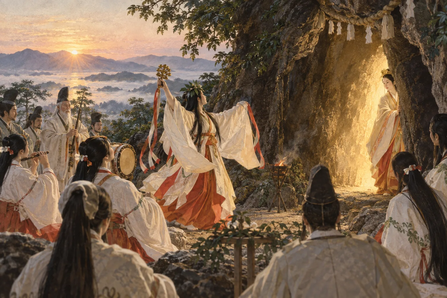 天岩戸の前で舞い光を迎える日本神話の神々