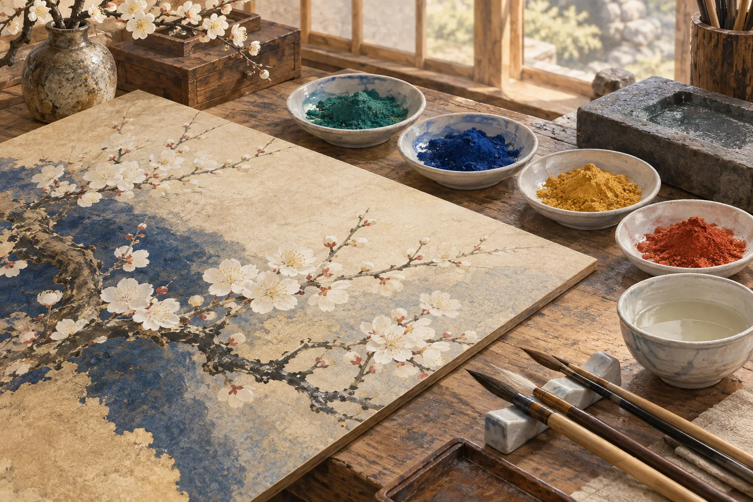 岩絵具の小皿と筆を並べた、日本画制作の机