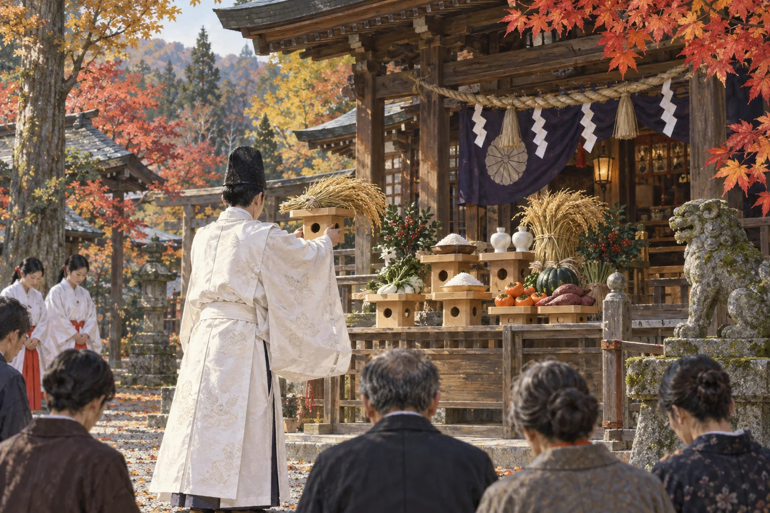 新米と稲穂を供える神社の収穫感謝の祭り