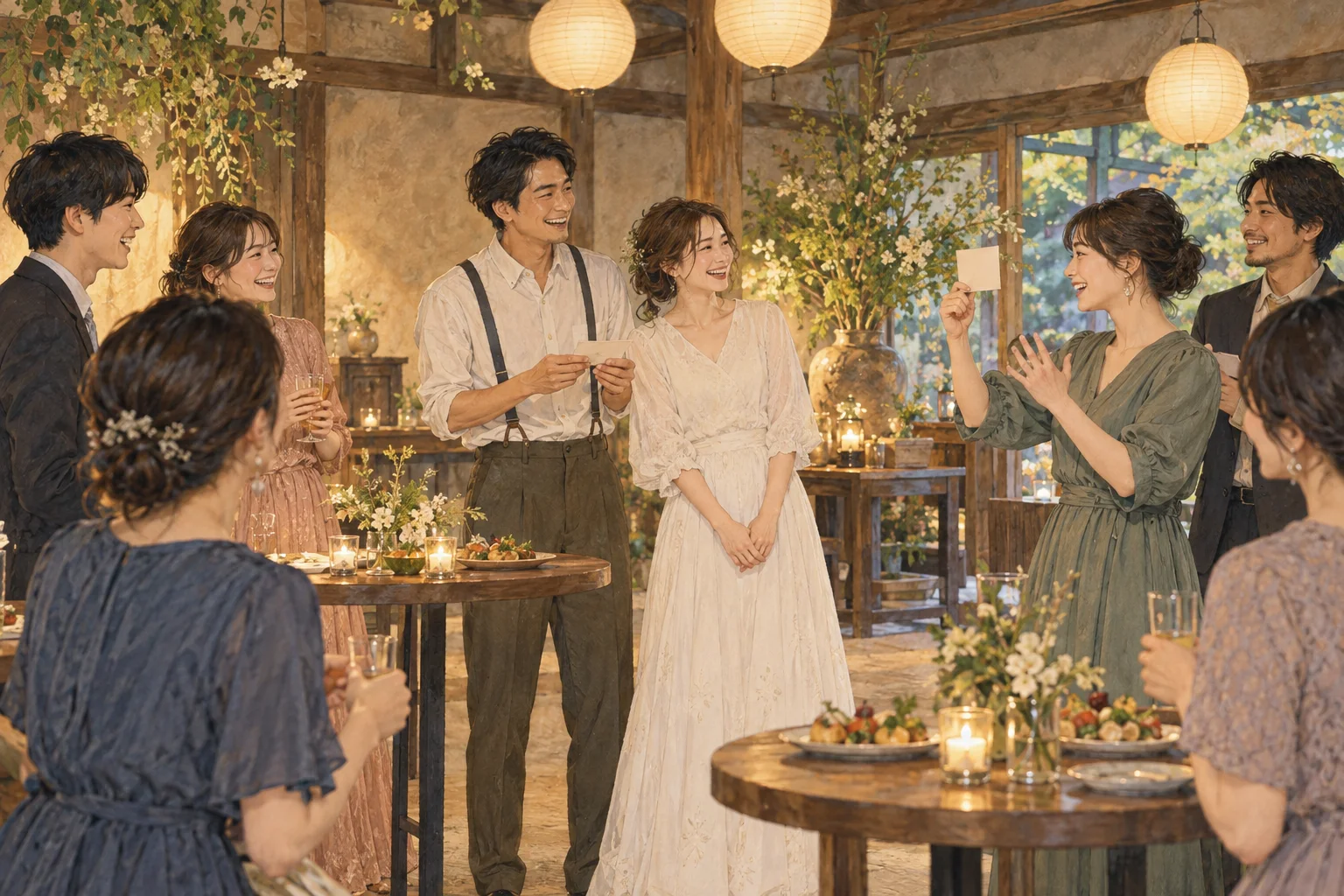 結婚式後の二次会を楽しむ新郎新婦と友人たち
