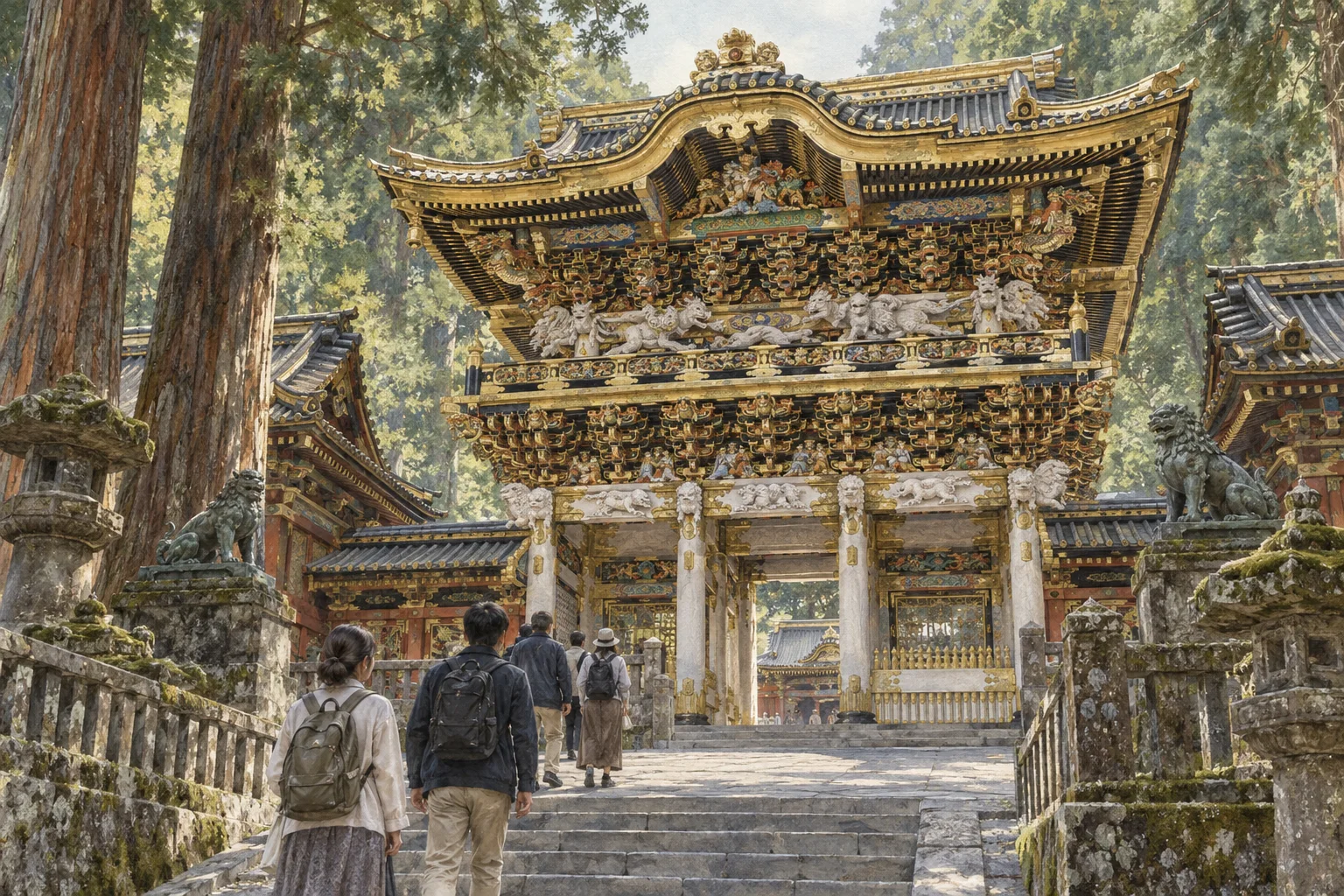 杉並木の中の日光東照宮の華麗な門を訪れる人々