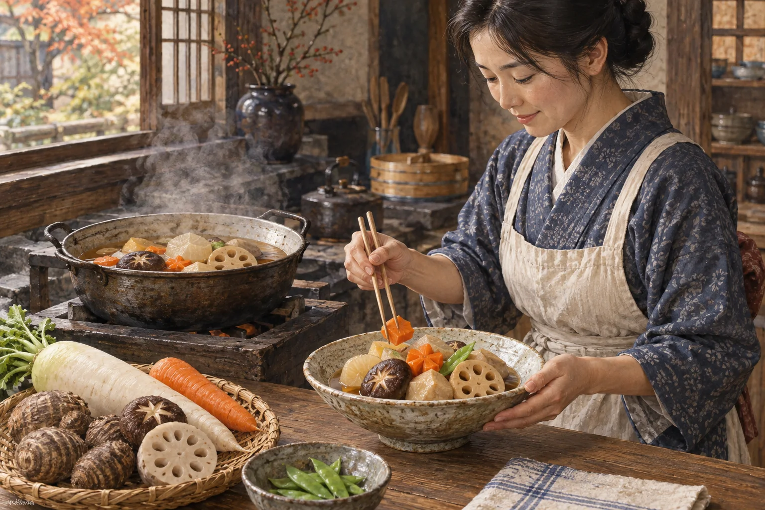 季節の野菜を煮物に仕上げる家庭の台所