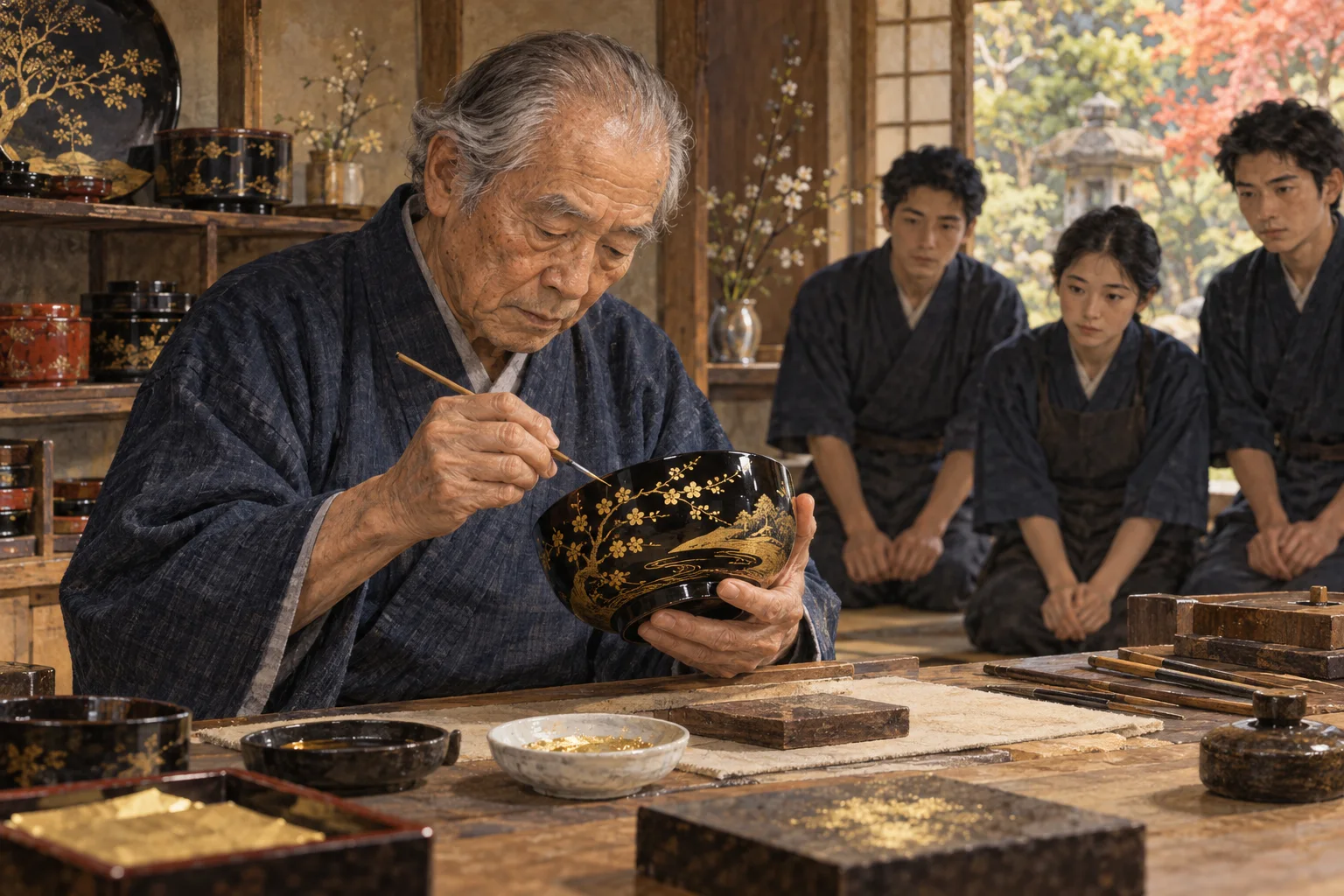 弟子が見守る工房で技を伝える人間国宝の漆芸家