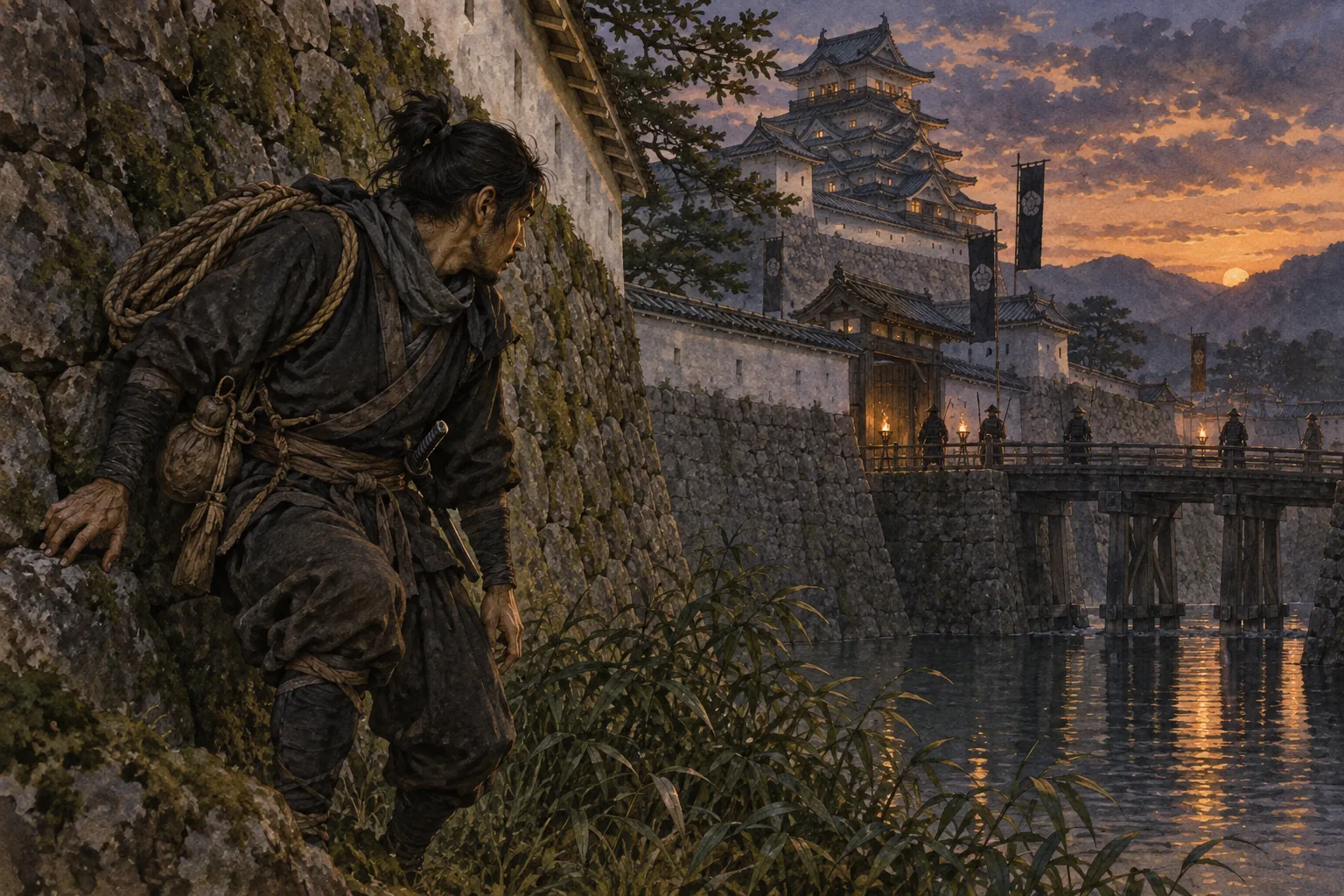 夕暮れの城壁沿いを密かに進む戦国時代の忍び