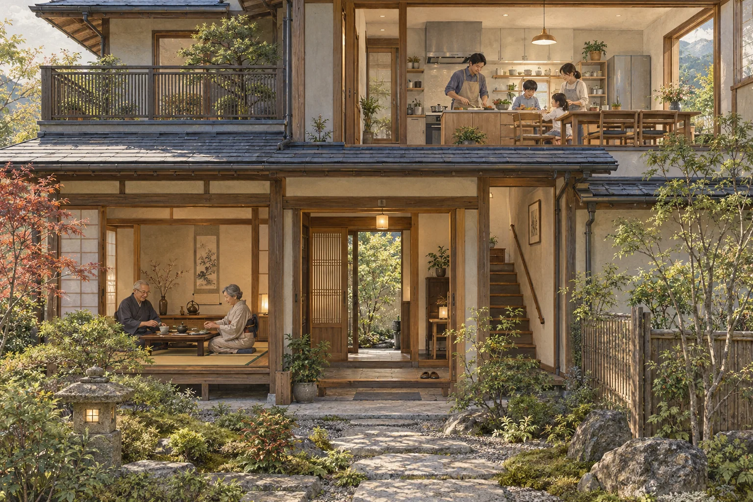 親世帯と子世帯がほどよく空間を分けて暮らす二世帯住宅