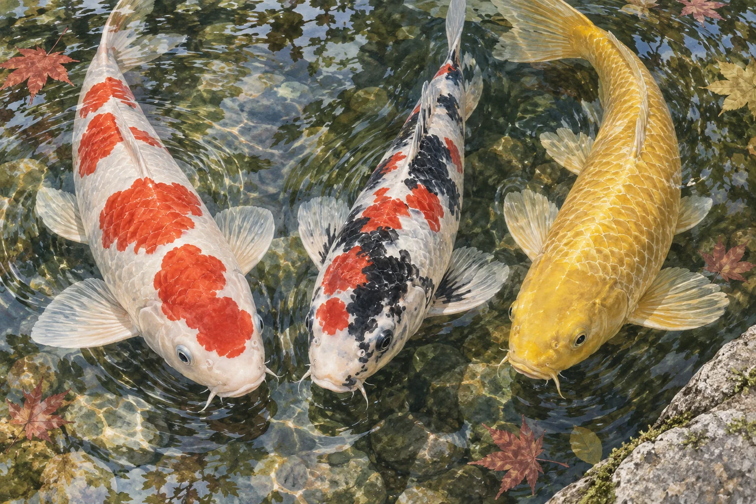 澄んだ池を泳ぐ紅白、三色、黄金色の錦鯉