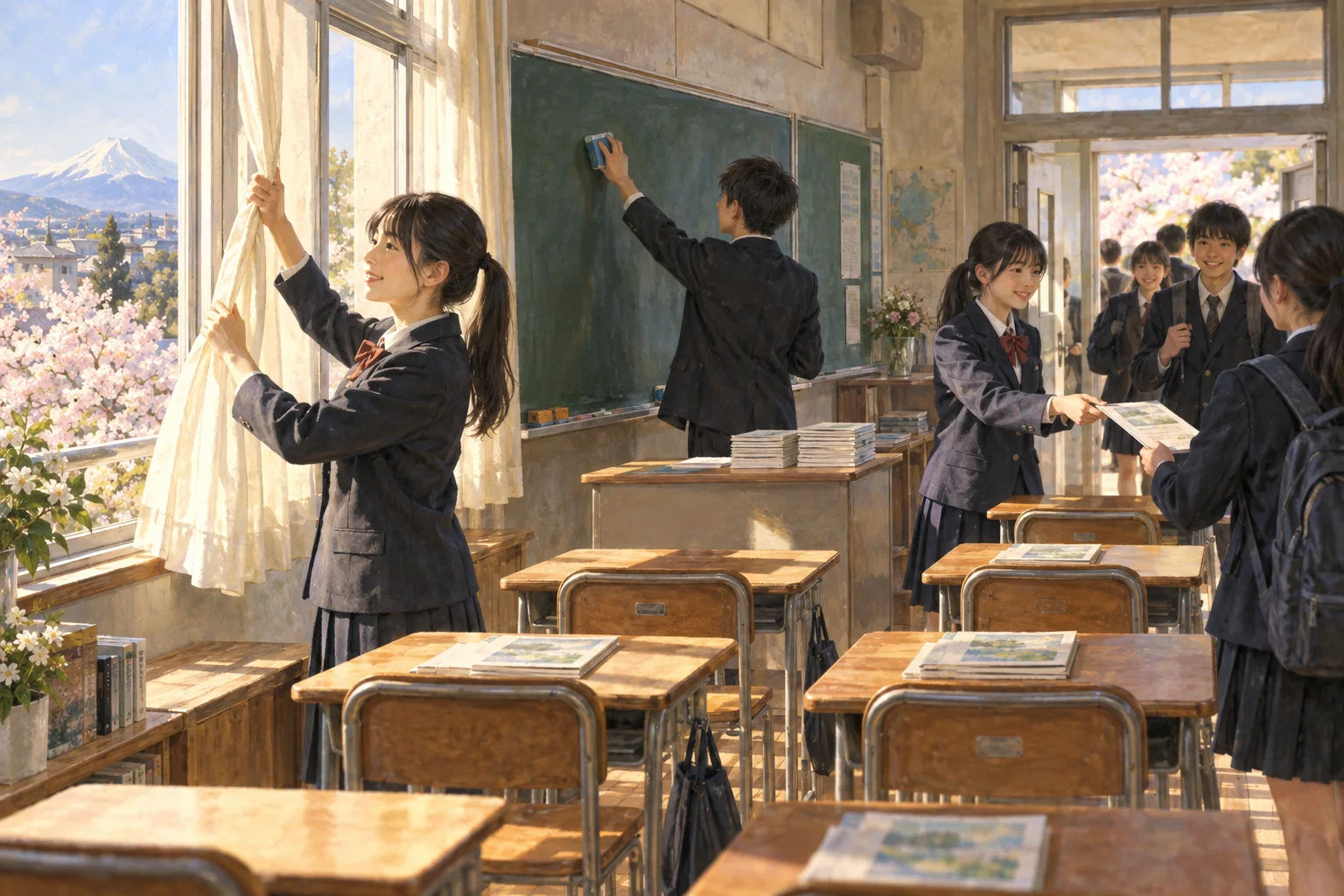 授業前の教室を整える日直の生徒たち