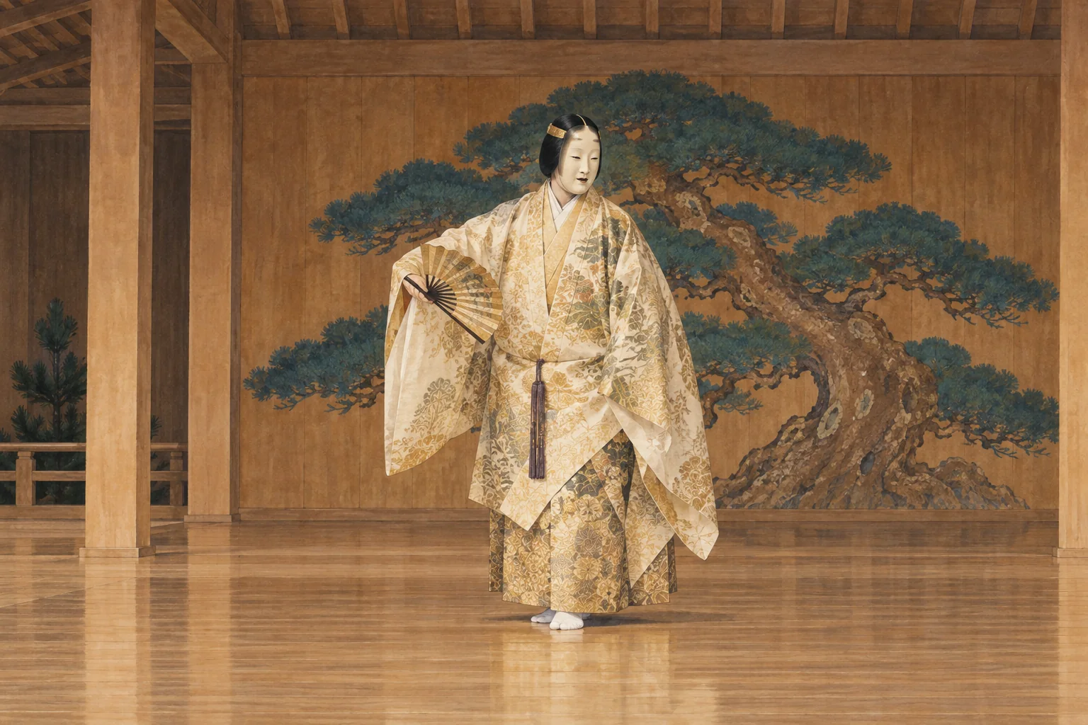 松の絵のある檜舞台で、面と装束を着けて扇を持つ能の演者