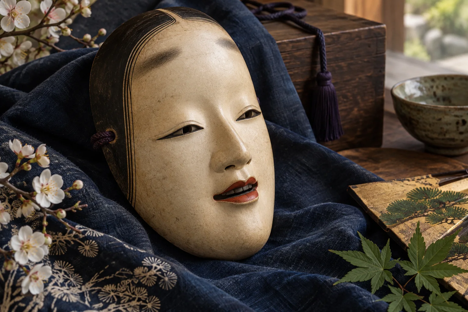 柔らかな藍色の布に置いた、穏やかな表情の能面