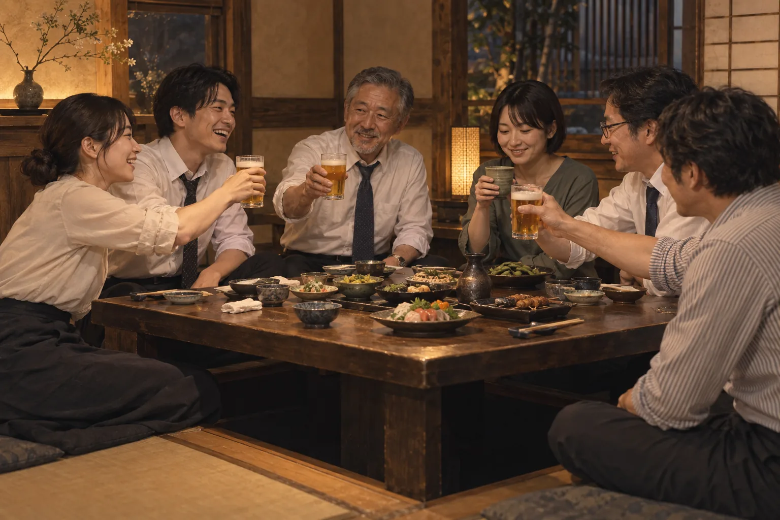 仕事帰りの居酒屋で飲み物を選びながら交流する同僚たち
