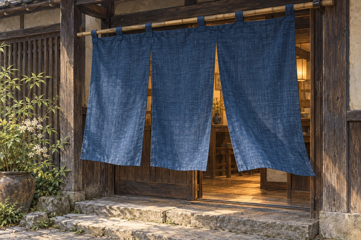 木造の店の入口に、風に揺れる藍染めの暖簾を掛けた風景