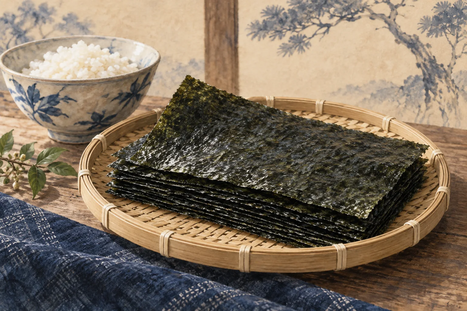 竹の盆に重ねた海苔と、白いご飯の小鉢