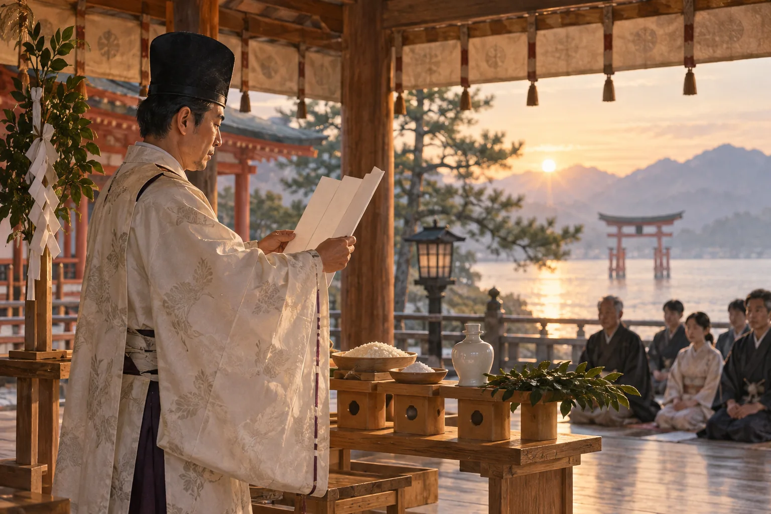 神前で祝詞を奏上する神職と静かに聞く参列者