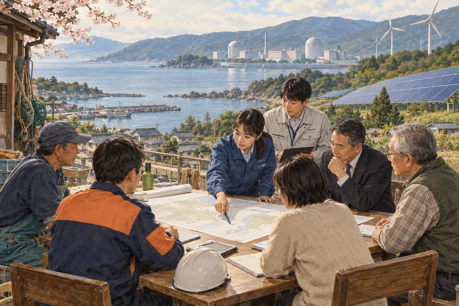 原子力発電と地域の安全について話し合う人々