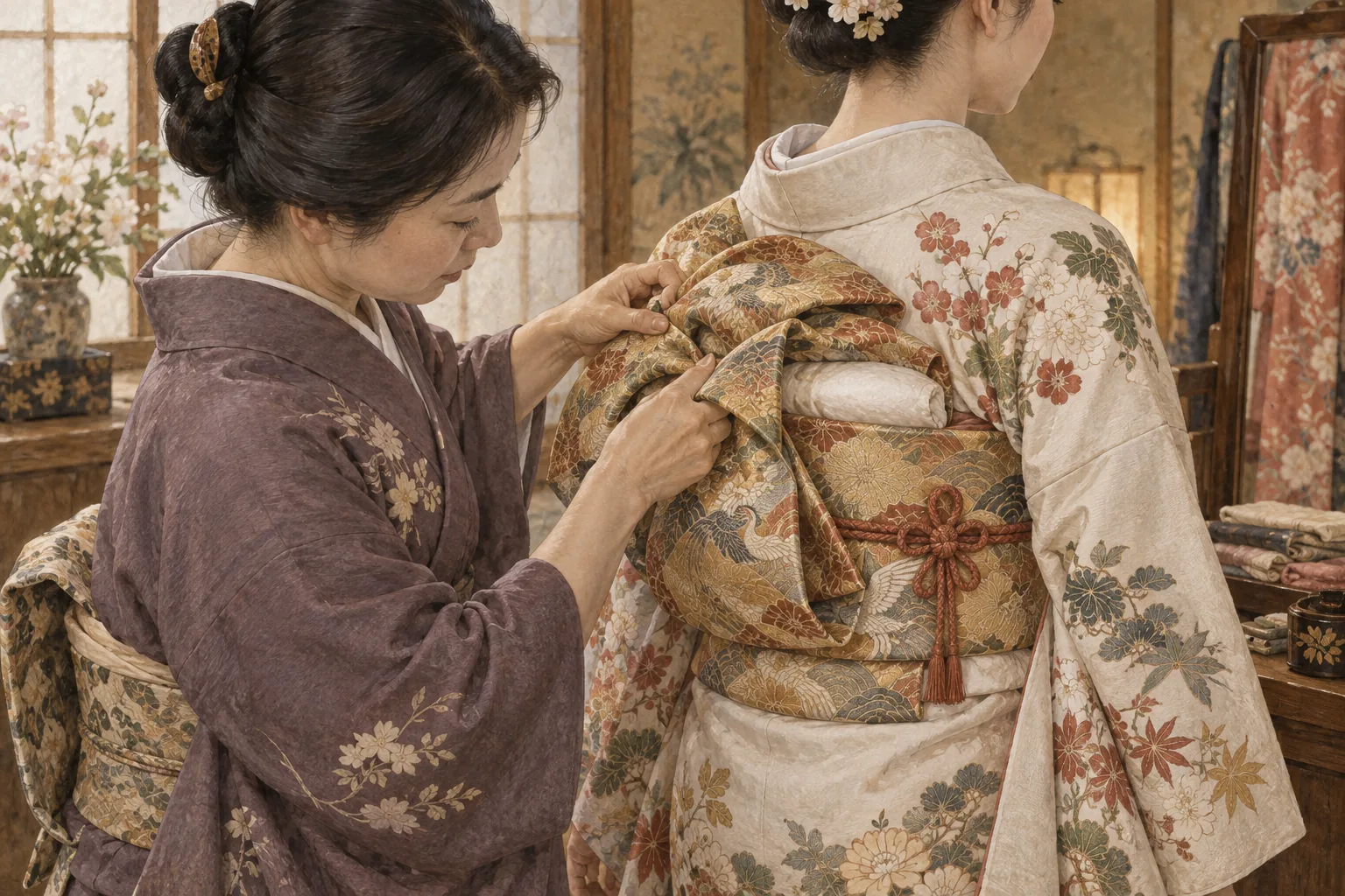 着物の背中で絹の帯を美しく結ぶ様子