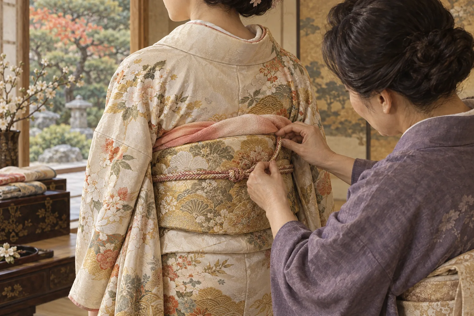 帯締めと帯揚げを整える着付け